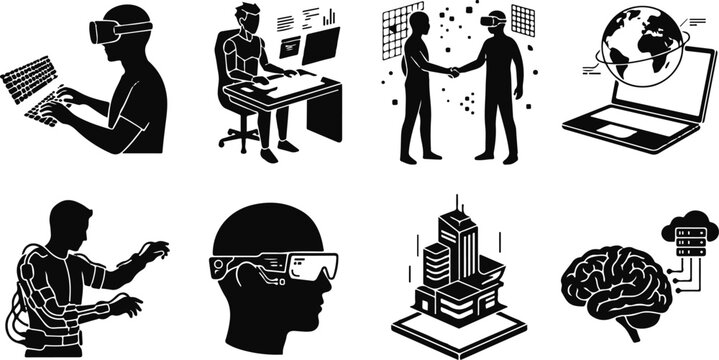 Professional set of eight futuristic technology icons representing virtual reality metaverse remote work artificial intelligence and human augmentation.