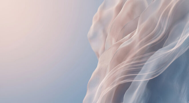 Abstract 3D Flowing Translucent Sheer Fabric Waves with Pastel Gradient and Ample Left Copy Space