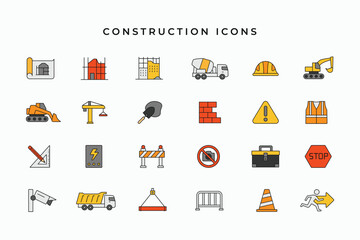 Construction site cartoon style icons set. Collections of simple flat colorful building construction, home renovation symbol logo icon sign © Royan