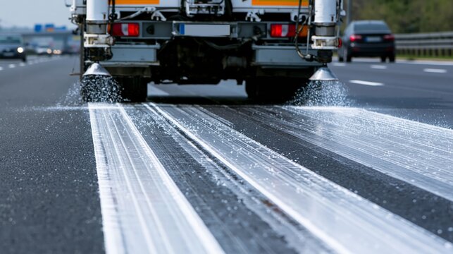 Road marking truck applying white lane lines simultaneously on a highway. Twin spray nozzles on asphalt with retroreflective glass bead dispensers, blurred adjacent lane traffic.