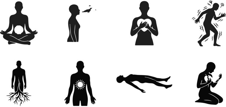 Professional set of eight minimalist black silhouettes representing mindfulness somatic healing mental health concepts and emotional grounding icons on white background.