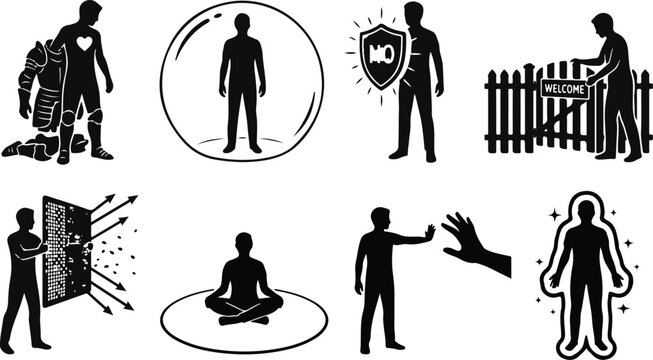 Professional set of eight minimalist black silhouettes representing personal boundaries mental health emotional resilience and psychological self care concepts.