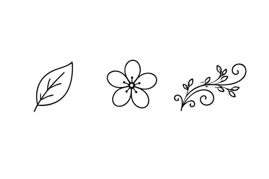 Minimalist black line art icon set featuring a single organic leaf a simple five petal blooming flower and a delicate plant sprout for eco friendly branding nature logo and aesthetic design