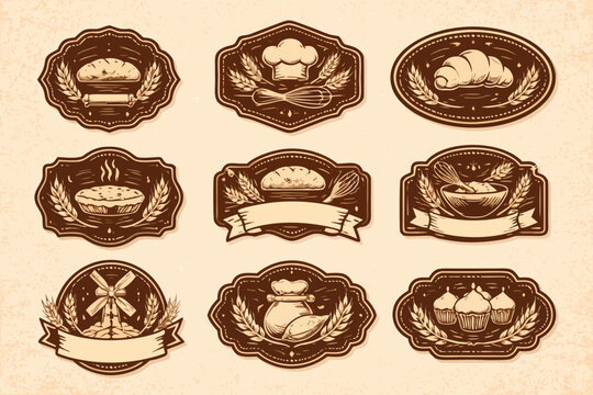 Premium Brown Vintage Traditionally Baked Label Collection Featuring Various Geometric Shapes for Professional Bakery Branding Artisanal Bread Packaging and Handmade Pastry Shop Identity