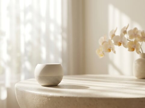 Minimalist home decor, beige ceramic vase, orchid flowers, modern interior design, neutral colors