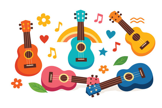 Vibrant Illustration of Colorful Ukuleles Arranged in a Playful and Simple Flat Vector Style Perfect for Music Festivals Tropical Themes and Creative Artistic Backgrounds and Designs