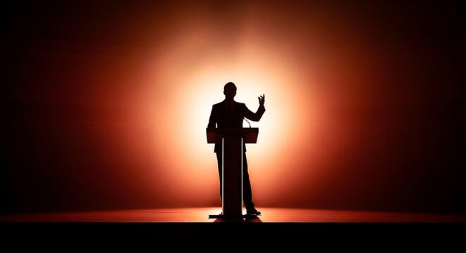 Silhouette of man on stage speaking.