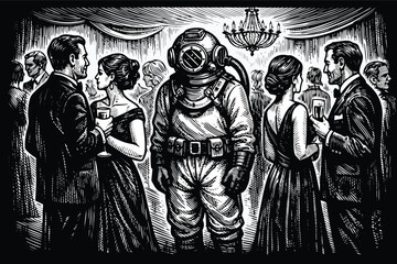 Fototapeta premium Surreal vector engraving depicting a deep-sea diver awkwardly standing in a formal ballroom party, a powerful metaphor for social anxiety, isolation, and feeling out of place in modern society.