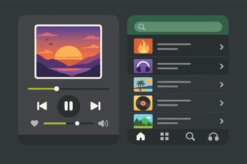 Fototapeta premium Modern music streaming application mockup in a simple flat vector style, displaying a detailed song player interface and a comprehensive playlist library view for digital entertainment design.