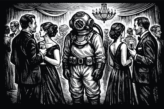 Surreal vector engraving depicting a deep-sea diver awkwardly standing in a formal ballroom party, a powerful metaphor for social anxiety, isolation, and feeling out of place in modern society.