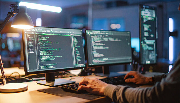 Professional software developer coding late at night, featuring hands on a keyboard and multiple monitors with lines of code. This moody shot represents cybersecurity, AI, and tech innovation.