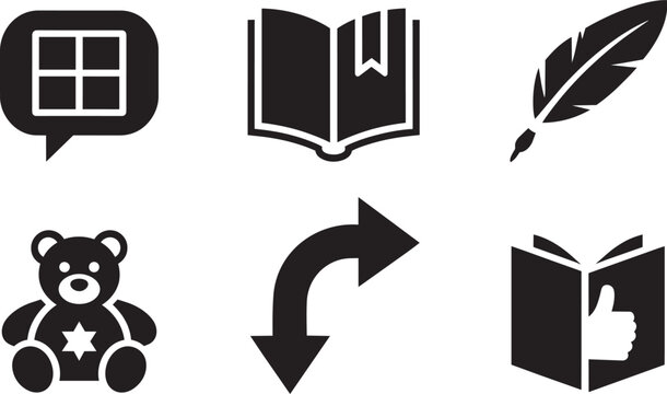 Speech bubble with grid teddy bear feather pen and open books icons set in solid and outline writing