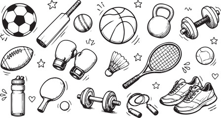 Hand-drawn doodle sport icon collection set.
