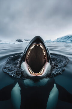 animal by ai, orca with wide open mouth showing teeth, dolphin, arctic landscape background, photorealistic