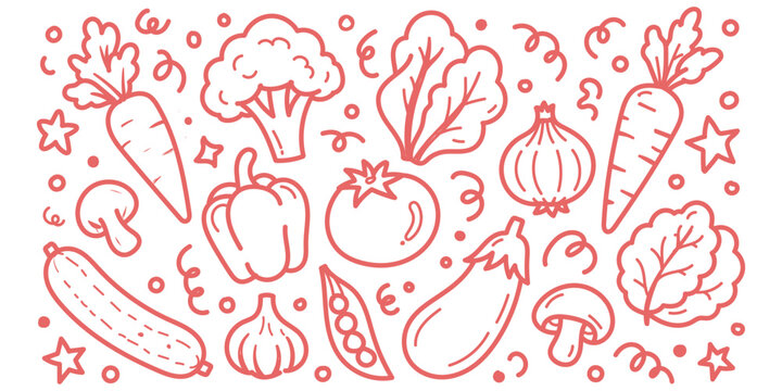  a mega collection of Fresh vegetables hand drawn collection, Farm ingredient line art vector set, organic food sketches for menu and kitchen design