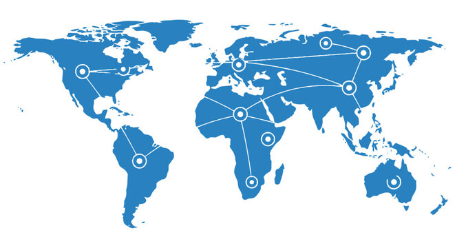 Global network connections illustrated on a world map with highlighted cities