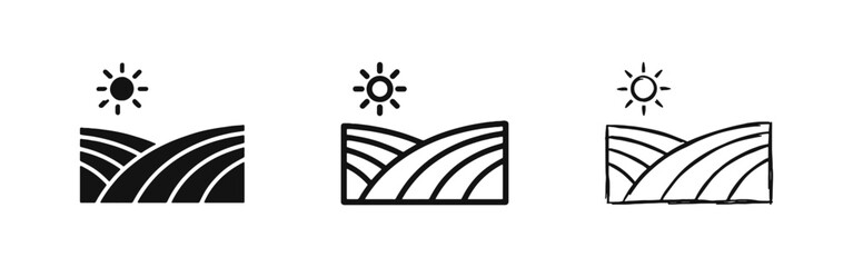 Farmland and Sun Icon - Agriculture and Nature Landscape Symbol in Solid, Outline, and Hand-Drawn Styles © drawing lines