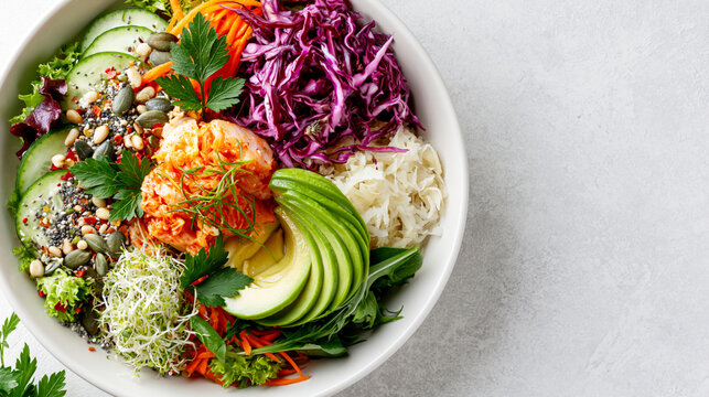 Colorful microbiome inspired salad with greens seeds and fermented vegetables showcasing gut friendly wellness and digestive nutrition concept
