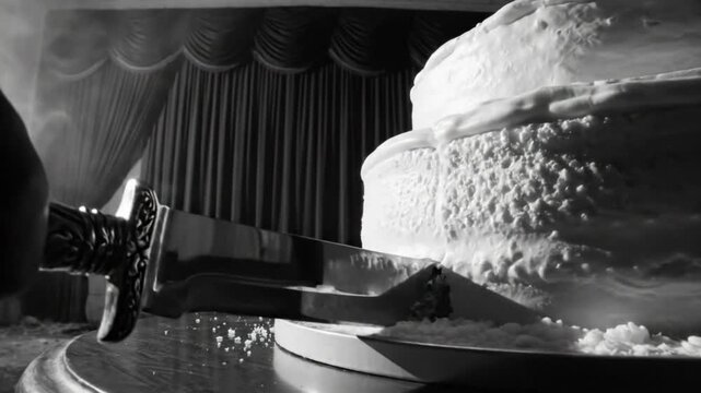 Dramatic slow-motion view of a decorative sword cutting a tall frosted cake on a table in a dimly lit room.