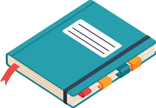 Isometric Teal Notebook Vector with Elastic Band and Colorful Tabs