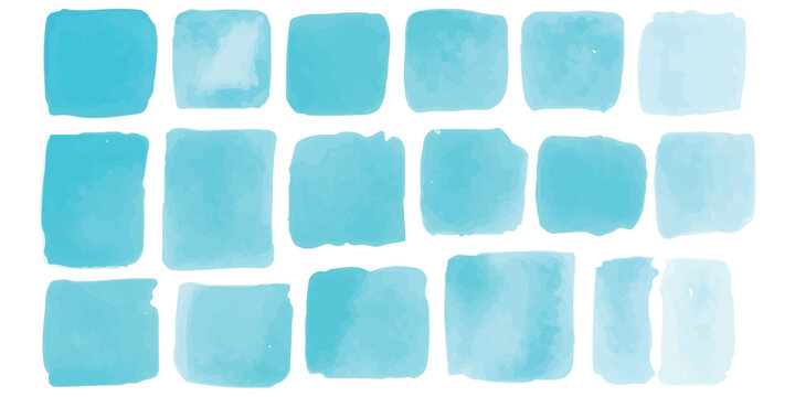 Set of blue watercolor square shapes and paint swatches
