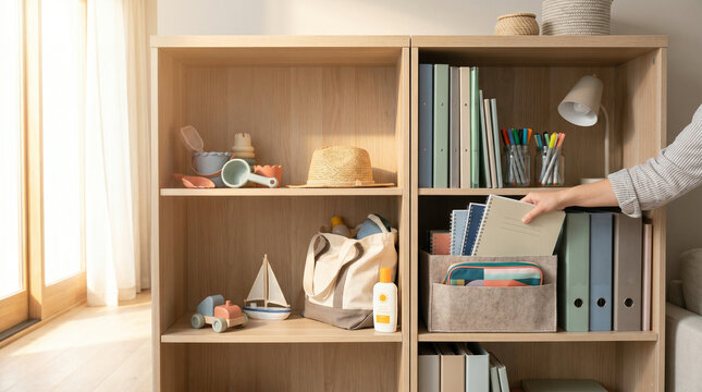 Kids desk organization shelves in cozy home study space