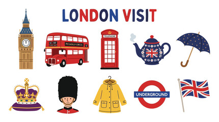 Collection of Iconic London Symbols for Travel and Tourism © Jesica