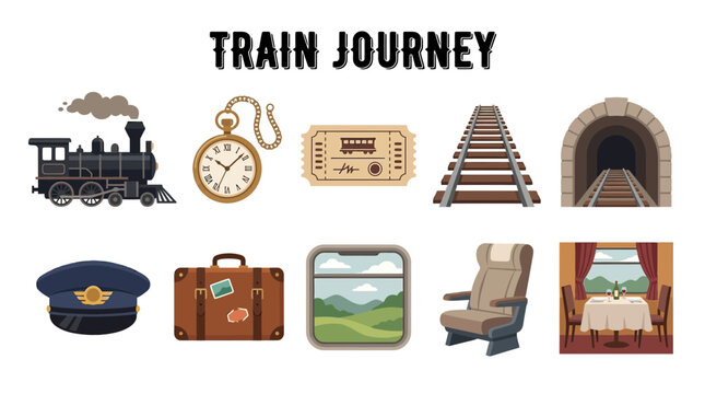 Collection of Train Journey Elements and Travel Icons