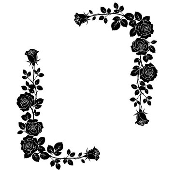 Black Silhouette Rose Flower Corner Frame and Floral Border Ornament