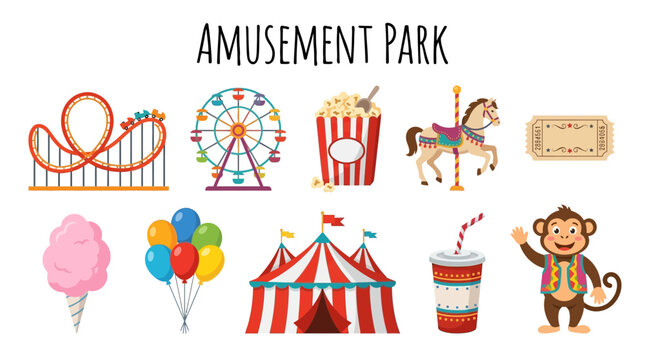 Amusement Park Icons Collection Featuring Rides and Treats