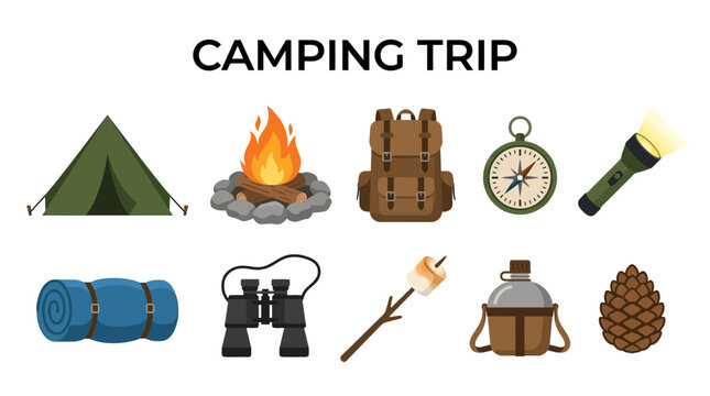 Camping Trip Essentials Collection Flat Icons Set