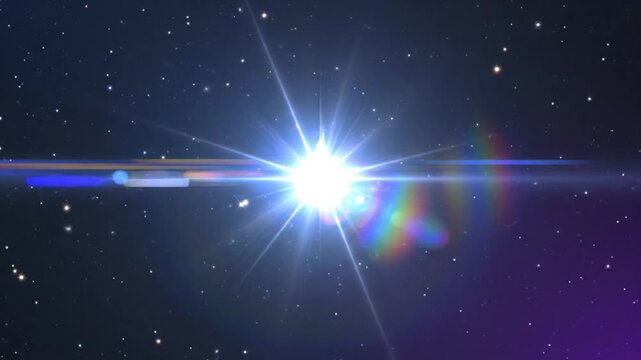 Bright starburst in space with light flares and shimmering reflections against a starlit background