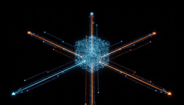 Futuristic glowing blue dot cube with intersecting orange data light trails on dark background