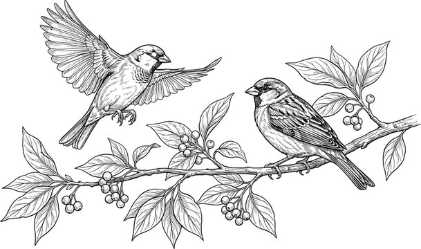 Vintage Hand Drawn Ink Sketch of Two Sparrows on a Berry Branch Vector Illustration for Nature Lovers, Garden Projects, and Rustic Home Decor Designs