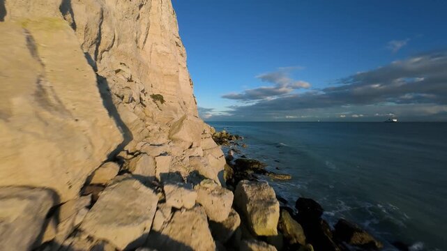 FPV Aerial Drone View of the White Cliffs of Dover at Sunset