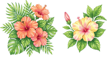 Tropical Hibiscus Flower Vector Set with Exotic Palm and Monstera Leaves for Summer Invitations, Botanical Wedding Stationery, and Vibrant Floral Textile Pattern Designs © Ajad