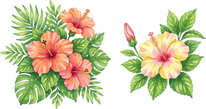Tropical Hibiscus Flower Vector Set with Exotic Palm and Monstera Leaves for Summer Invitations, Botanical Wedding Stationery, and Vibrant Floral Textile Pattern Designs