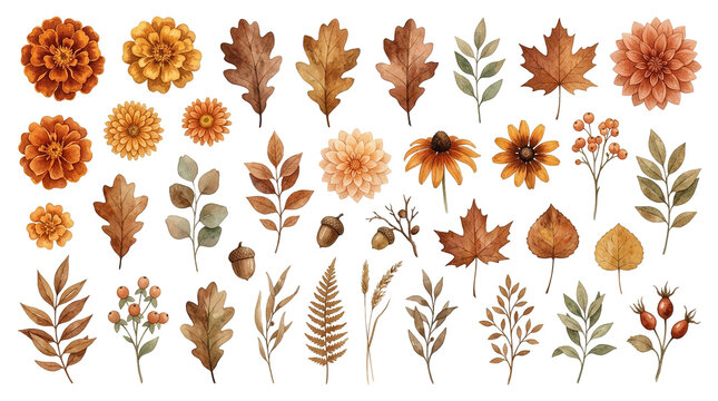 Autumn Watercolor Elements: 35 Fall Leaves, Flowers, Acorns & Berries for Seasonal Design Projects, Harvest Graphics & Thanksgiving Decor