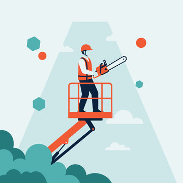 Arborist Cutting Tree With Chainsaw From Lift Vector Illustration