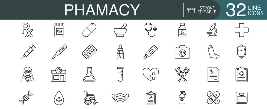 Pharmacy medicine healthcare prescription pill syringe stethoscope hospital line icon set with medical equipment tablet bottle thermometer mask first aid microscope clinic symbol for web and app
