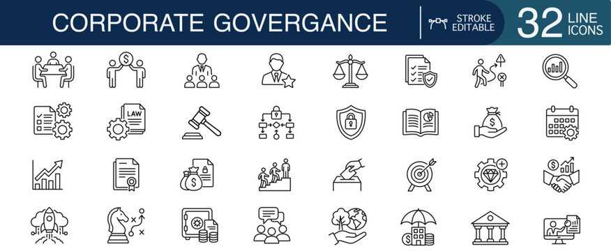 Corporate governance line icon set business compliance regulation risk management thin outline symbols for policy audit ethics board meeting law finance security strategy