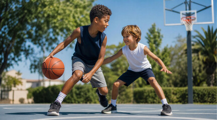 Two young boys playing basketball on an outdoor court