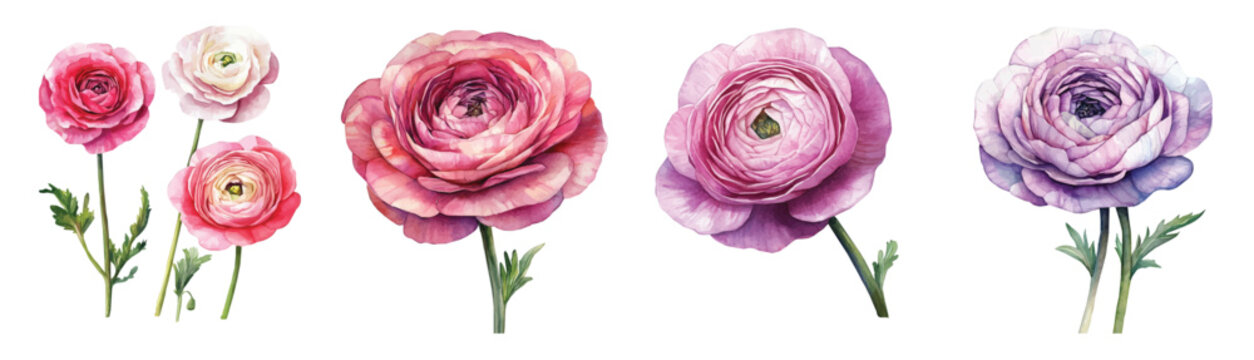 Collection of ranunculus flower painting, Minimal yet artistic elements for creative designs. hand-drawn paint, Simple Illustration, EPS format, isolated on a white background, watercolor illustration
