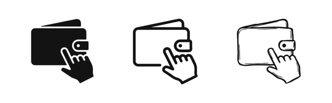 Digital payment and e-wallet concept with hand clicking on wallet icon in three design styles.