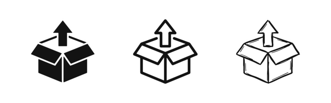 Out of the box thinking and package delivery icon set showing open box with upward arrow.