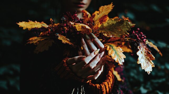 Macro shot of autumn forest inspired nails with artistic gradient designs. Earthy tones, leaf patterns, and matte-gloss contrasts evoke a fall nature aesthetic.