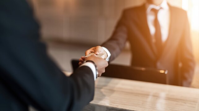 A hotel receptionist in a suit hands a guest a key card over a marble counter. Warm light accents this luxury hotel check-in scene, highlighting premium hospitality.