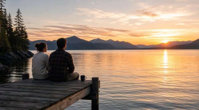 Couple watching sunset over lake from wooden dock