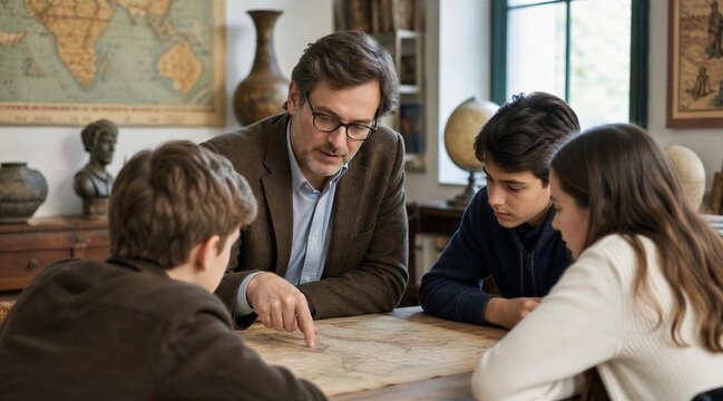 Teacher pointing at map with students