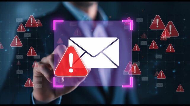 Businessman pointing at digital email alert with warning icon